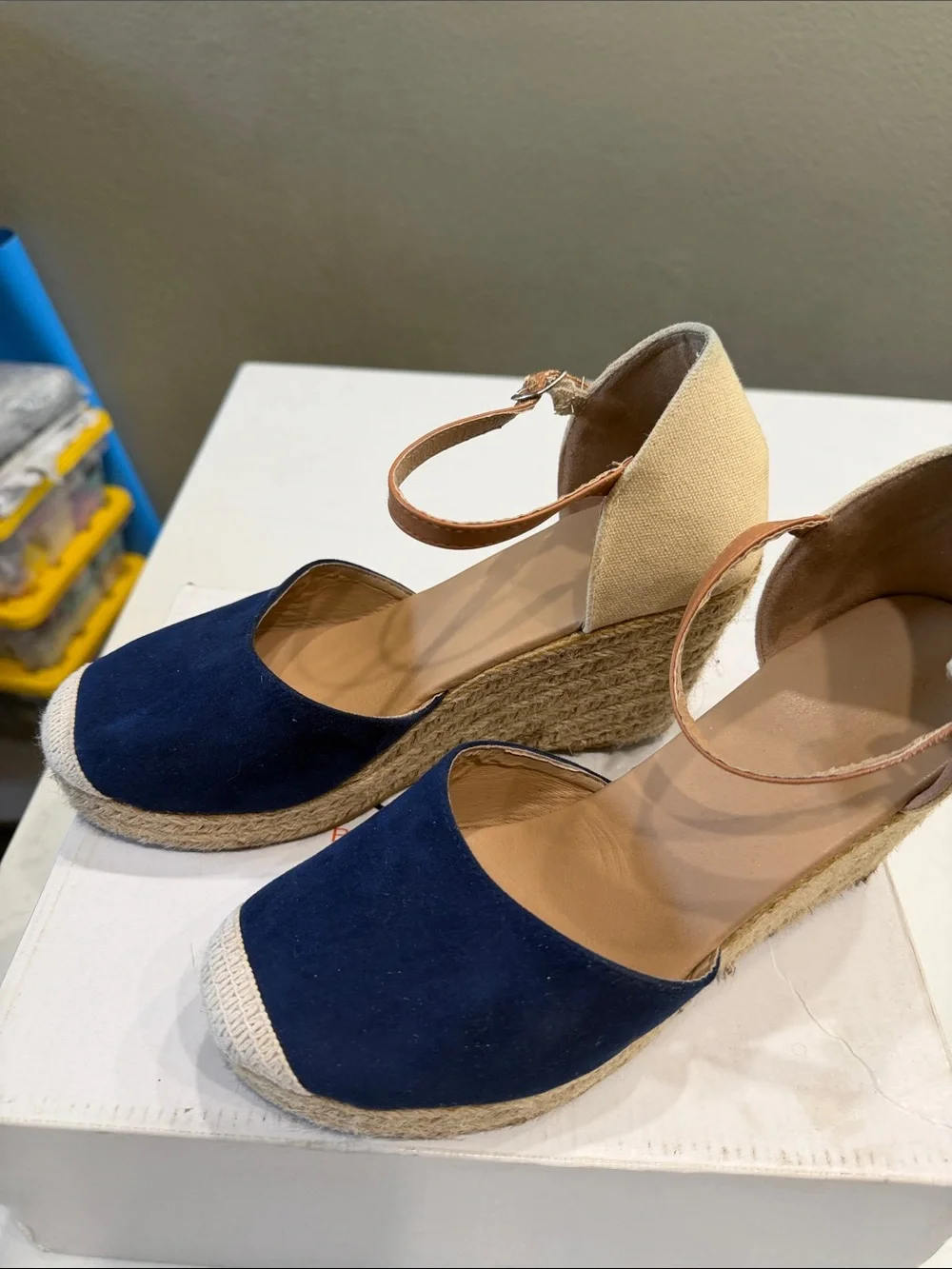 Dream Pairs Navy and Cream Canvas Espadrille Wedges